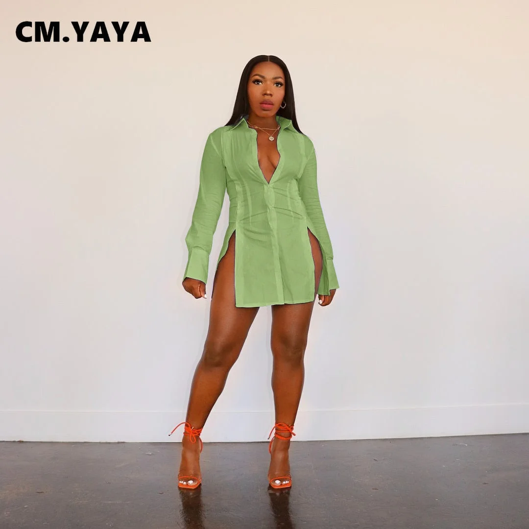 CM.YAYA Elegant Women High Side Split Long Sleeve Single Breasted Shirt Dress for 2022 Summer Spring Sexy Basic Fashion Dresses