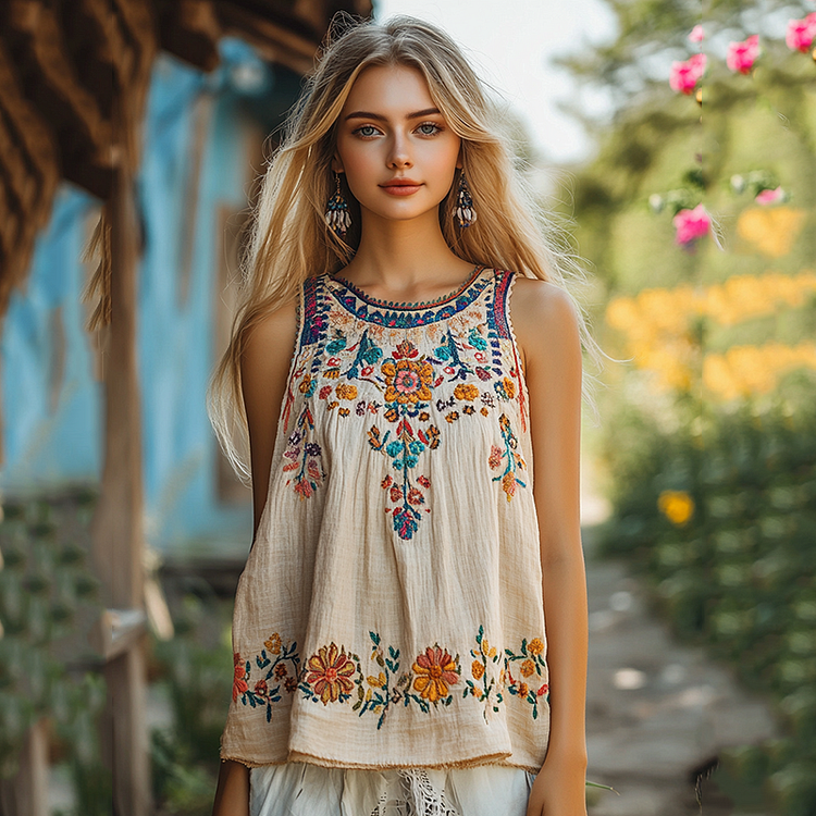 Vintage Floral Embroidery Pattern Women's  Linen Vest