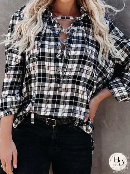 Blouses Plaid Half-Placketed Belted Lapel Comfortable Blouses for Women