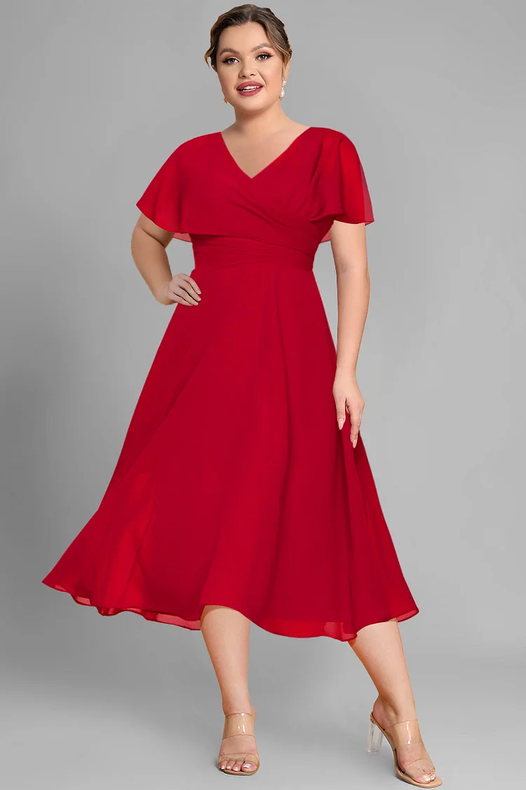 Flycurvy Plus Size Mother Of The Bride Red Chiffon Double Layer Flutter Sleeve Tunic Midi Dress  Flycurvy [product_label]