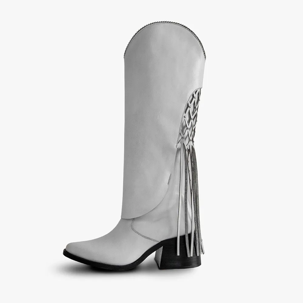 Fold Over Studded Fringe Knee High Light Grey Western Boots for Women