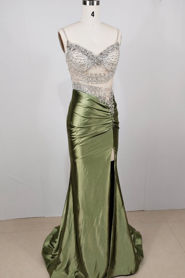 Ovlias Green Spaghetti Strap V-Neck Prom Dress Mermaid Split with Rhinestone JQ0088