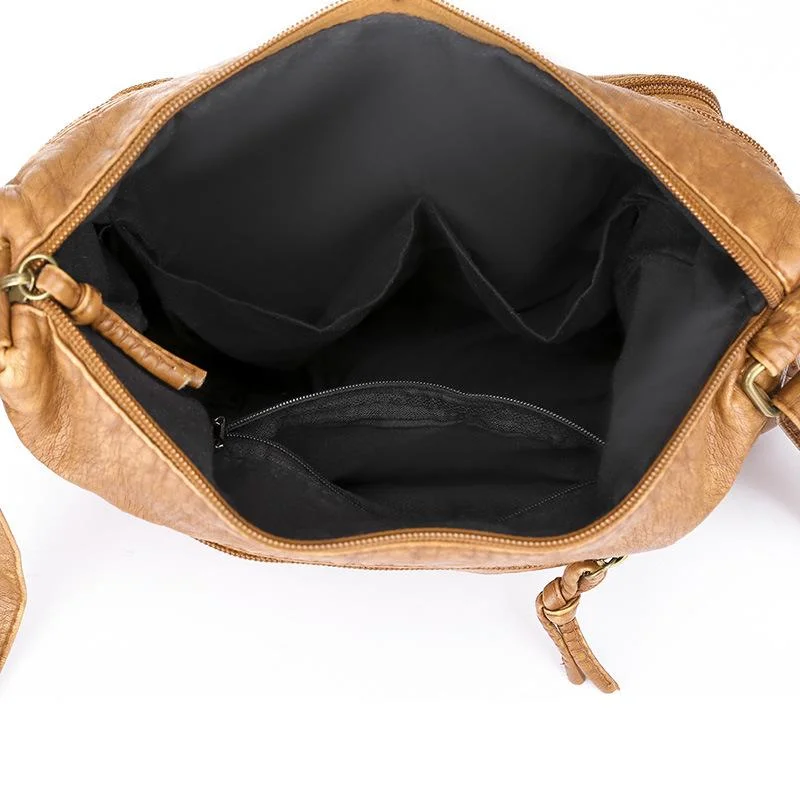 Retro Real Washed Leather Motorcycle Bag Soft Leather Fashion Double Bag Shoulder Diagonal Women's Bag