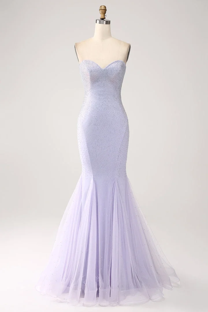Oknass Strapless Sleeveless Long Mermaid Prom Dress With Beading Tulle