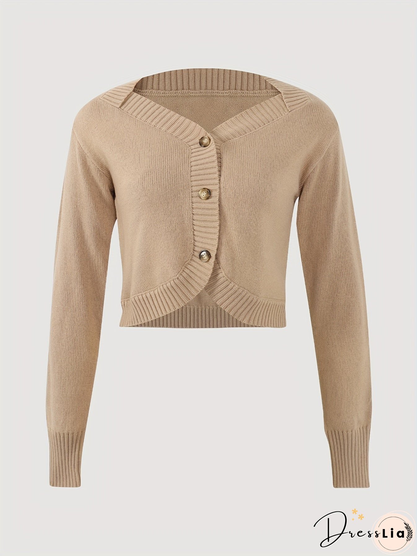 Solid Button Front Knit Cardigan, Casual Long Sleeve Crop Sweater, Women's Clothing