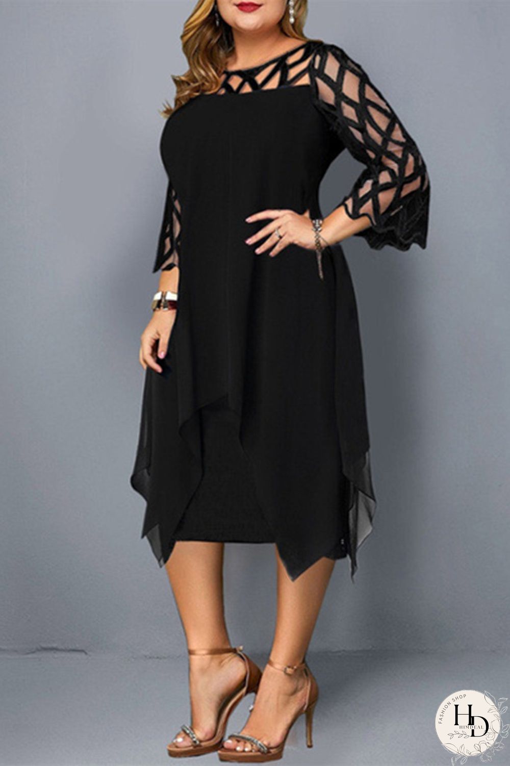 Black Casual Solid Patchwork O Neck One Step Skirt Plus Size Dresses