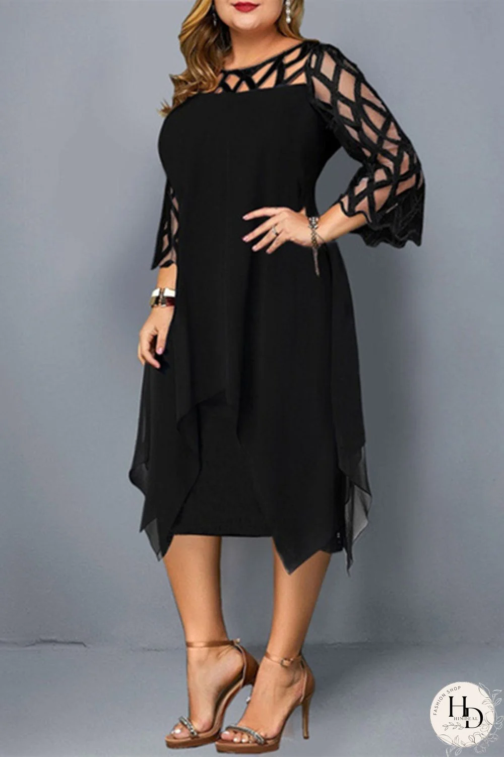 Black Casual Solid Patchwork O Neck One Step Skirt Plus Size Dresses