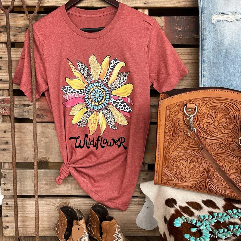 Vintage Sunflower Letters Casual Western Graphic Tees