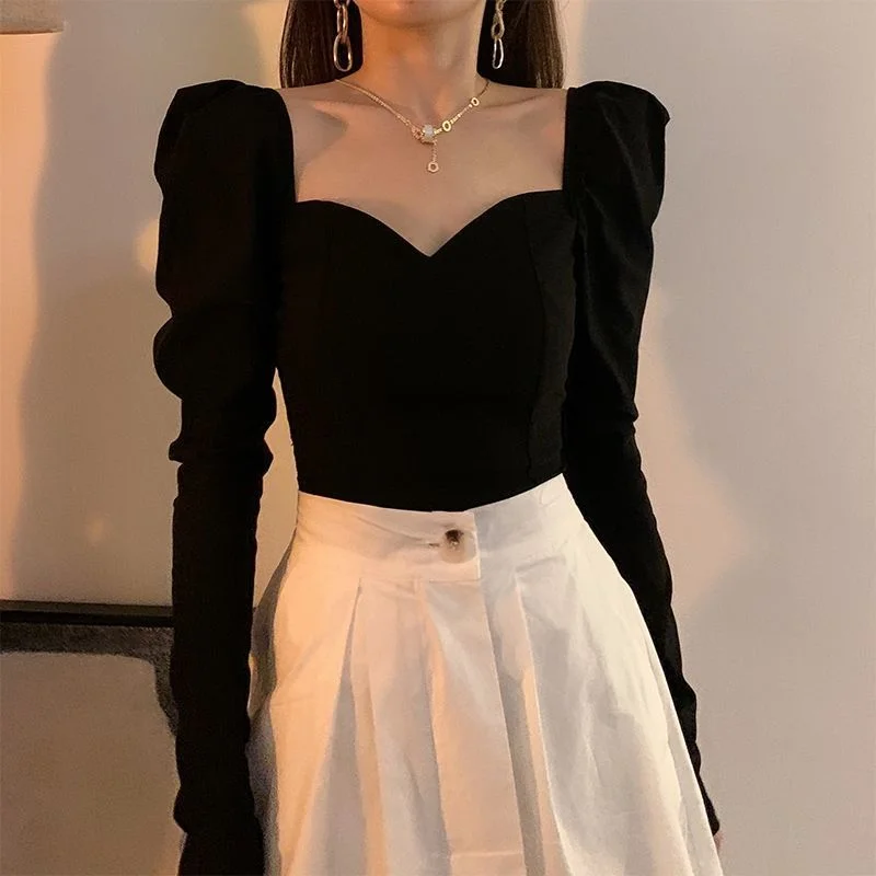 French Retro Bubble Sleeve Top Women’s Dzier Slim In Autumn And Winter Design Sense Of  Long Sleeve Square Neck T-shirt