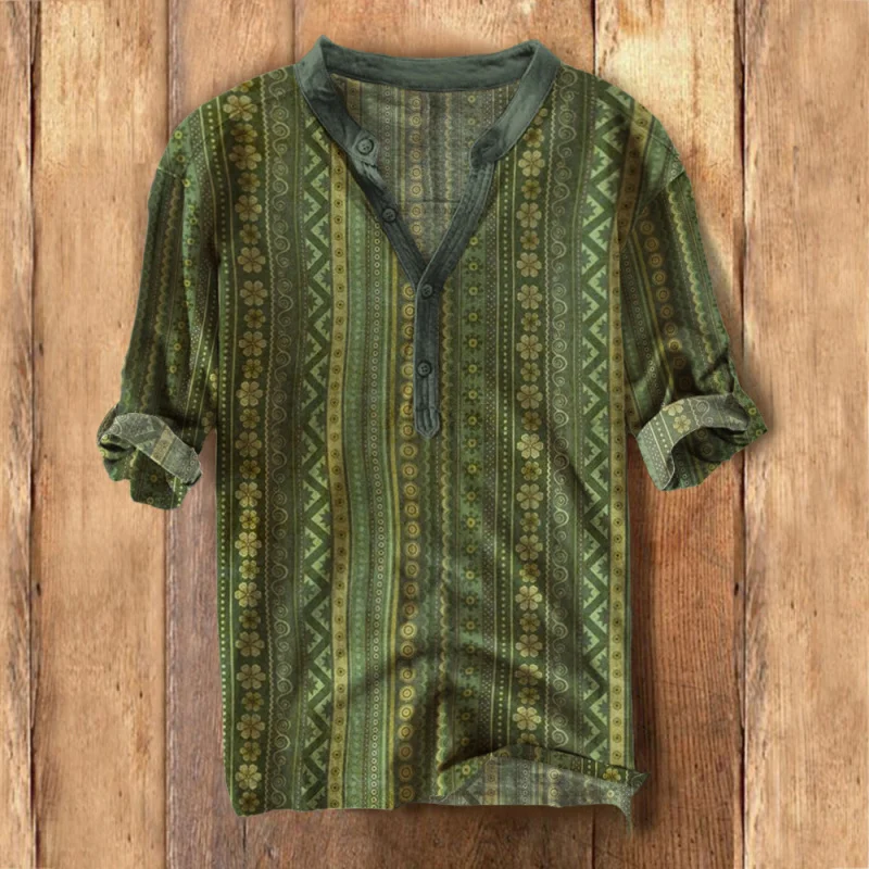 Men's multicolor vintage pattern cotton linen shirt