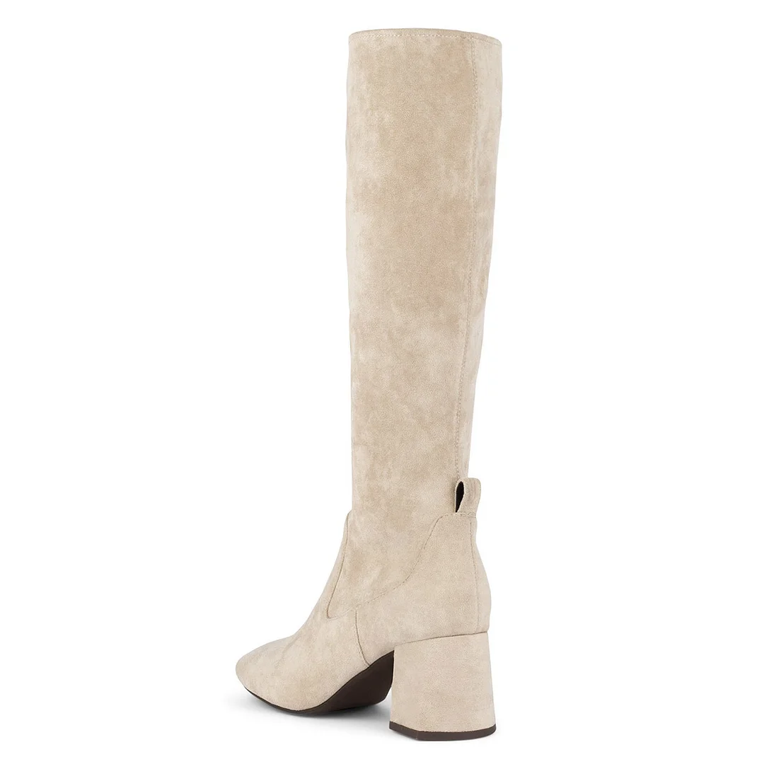 Beige Vegan Suede Round Toe Zipper Chunky Heel Knee High Boots