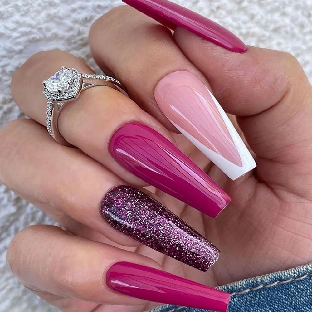 24pcs Detachable Pink Long Coffin False Nails Wearable Rhinestone Gradiant Ballerina Design Fake Nails Full Cover Press on Nail-Nail Inspo