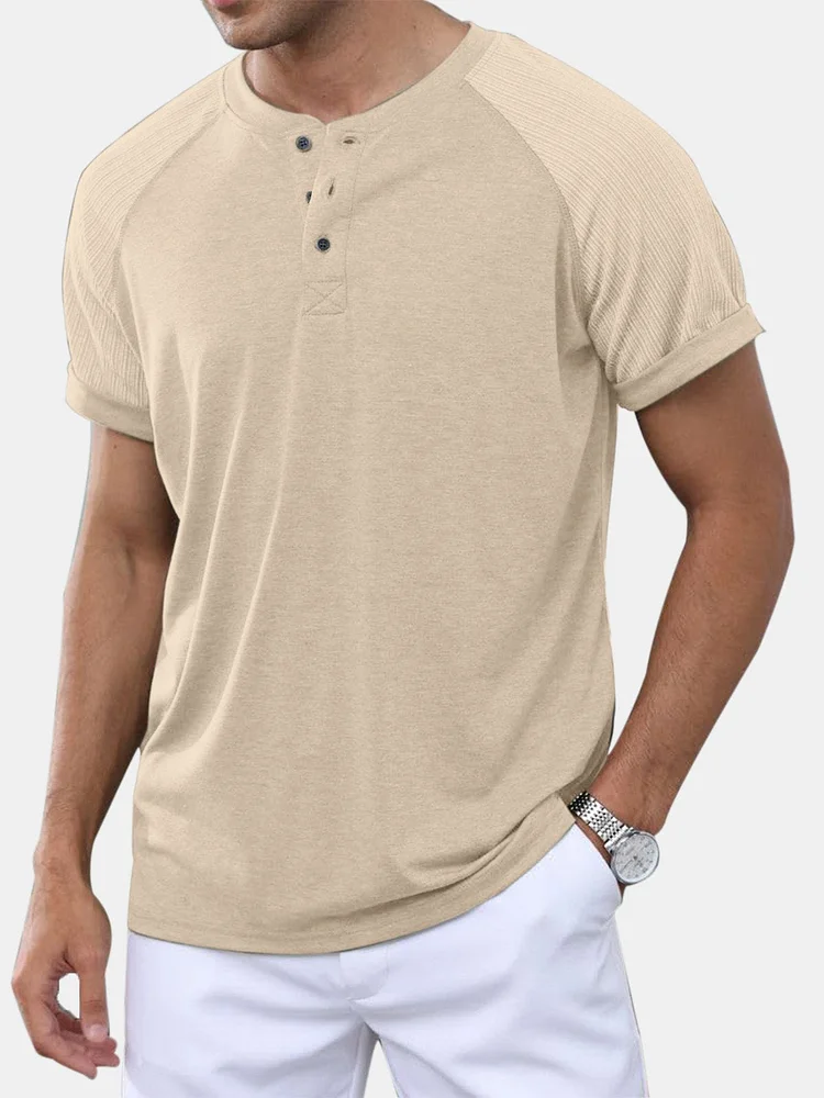 Men's Solid Color Patchwork Raglan Short Sleeve Henley Shirt