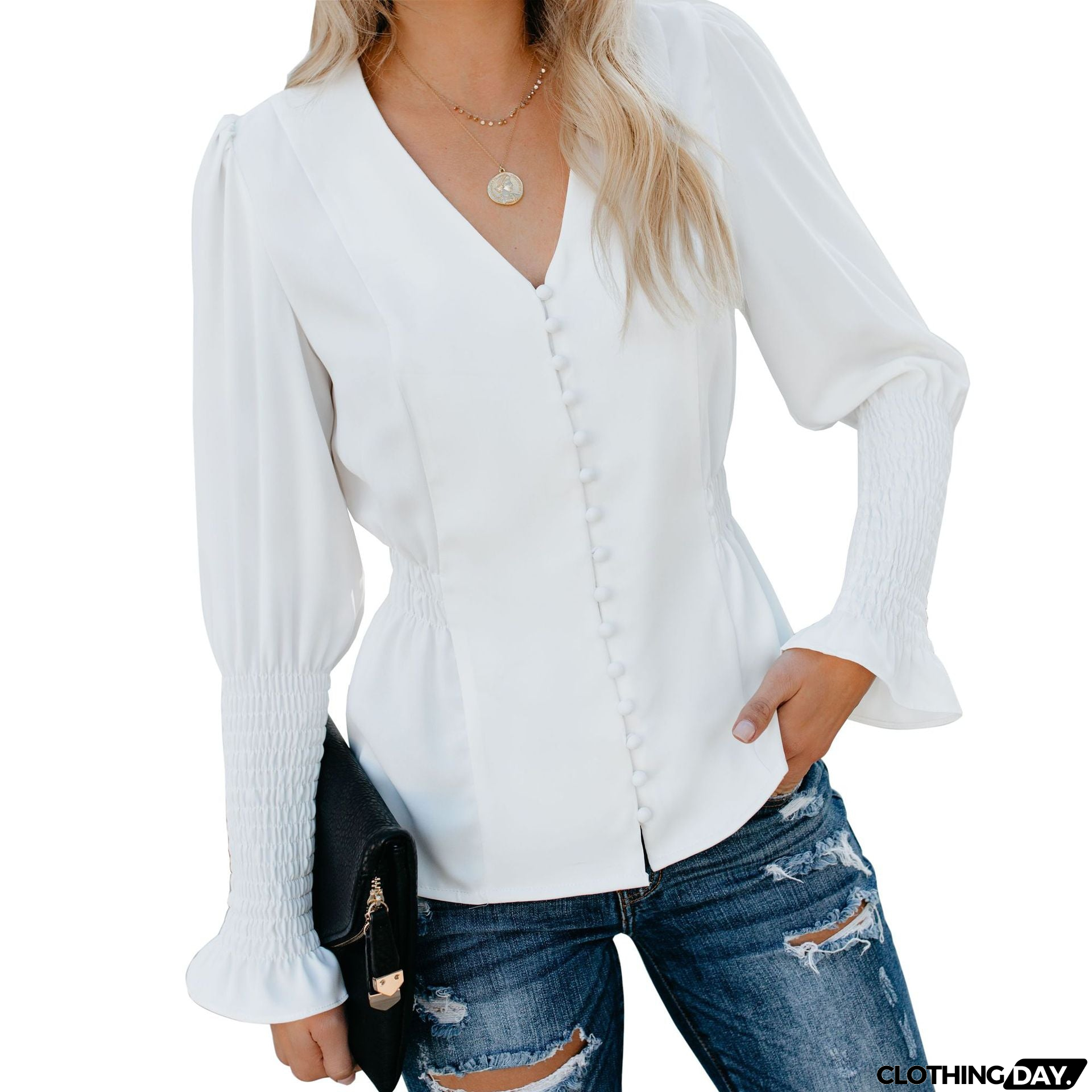 Casual V-Neck Long-Sleeved Shirt Top