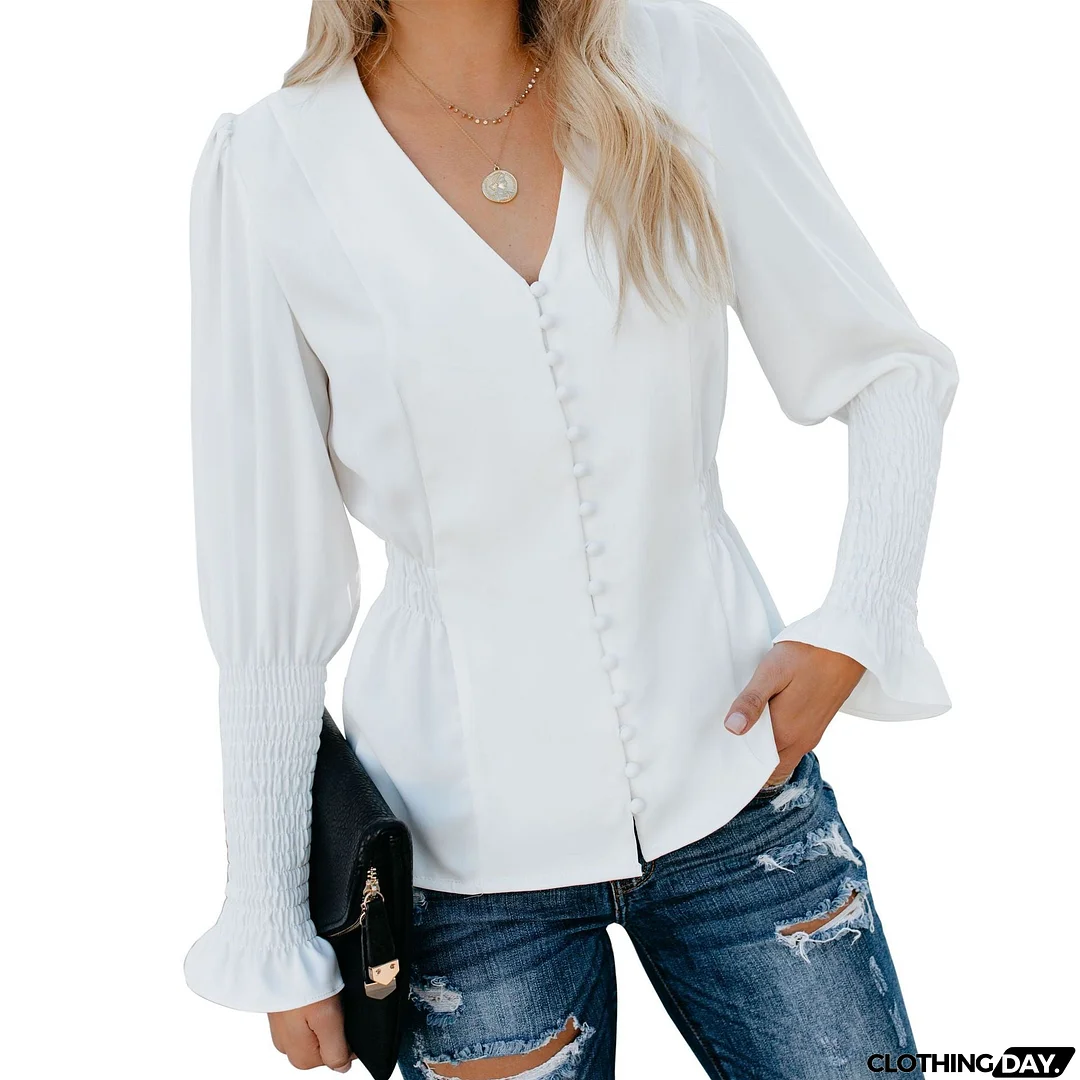 Casual V-Neck Long-Sleeved Shirt Top