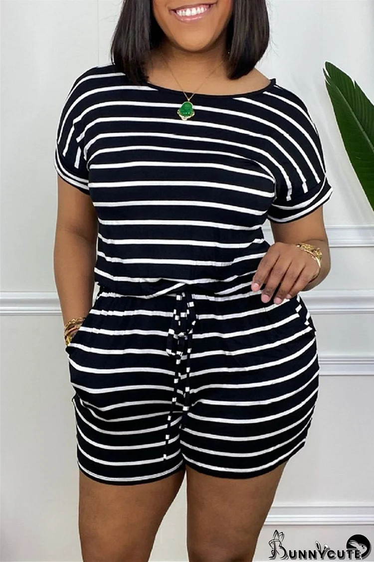 Black Fashion Casual Striped Print Basic O Neck Regular Jumpsuits