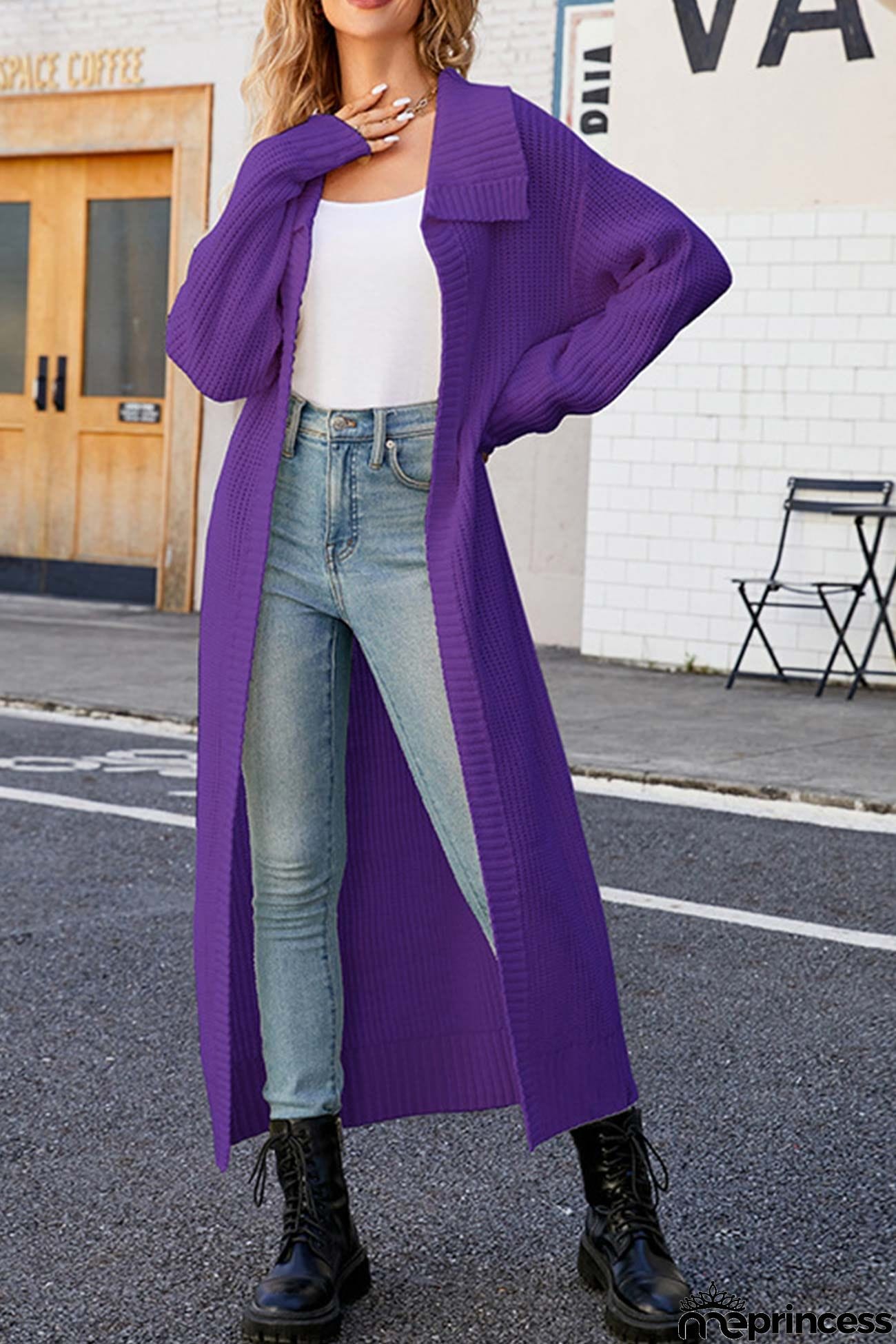 Lapel Ribbed Knit Open Front Cardigan