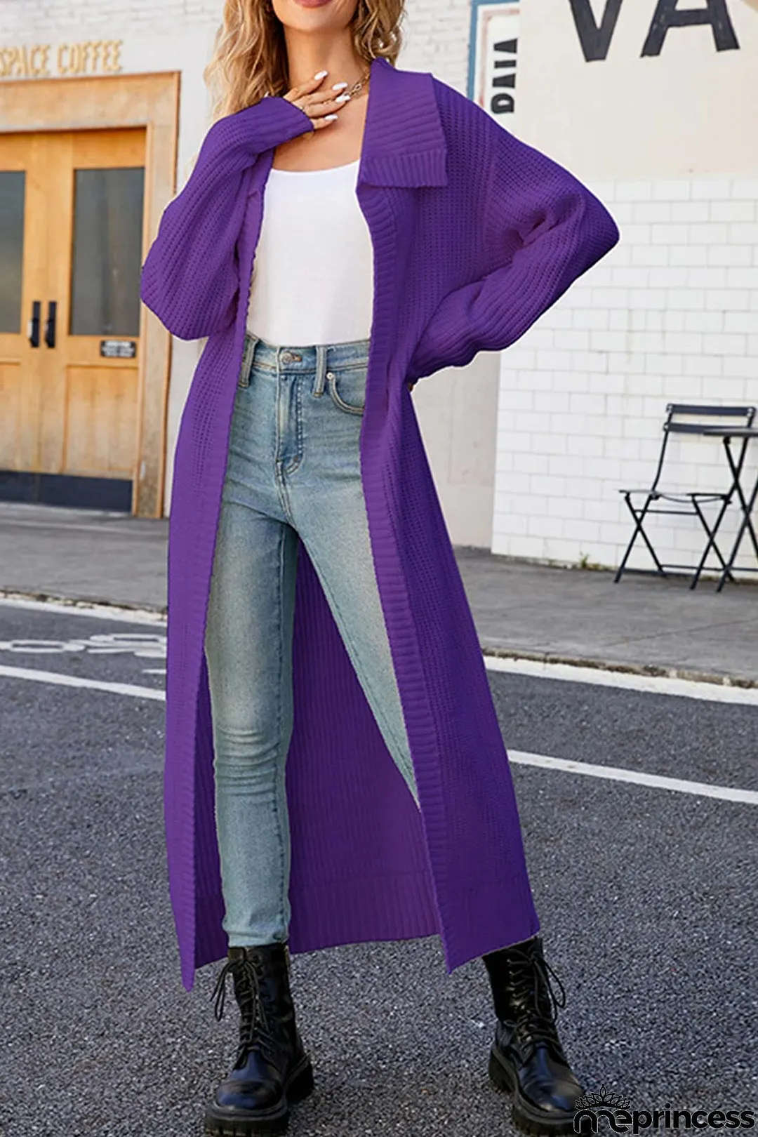 Lapel Ribbed Knit Open Front Cardigan