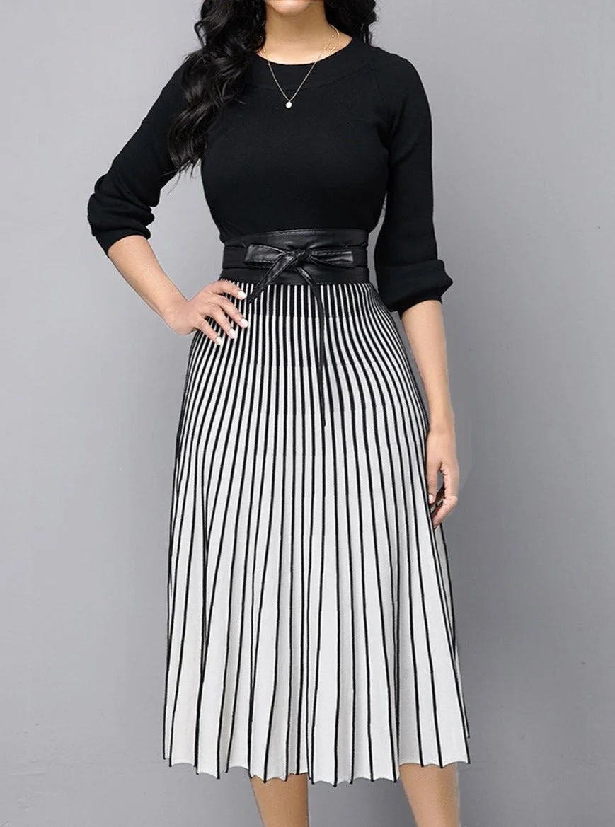 Striped Print High Waist Long Sleeve Dress