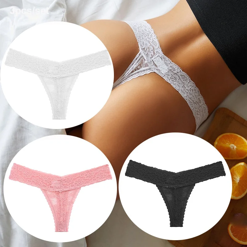 FINETOO 3PCS/Set Women Lace Sexy G-string Perspective Lingerie Temptation Panties Thong Underwear Panty Female Intimates M-XL