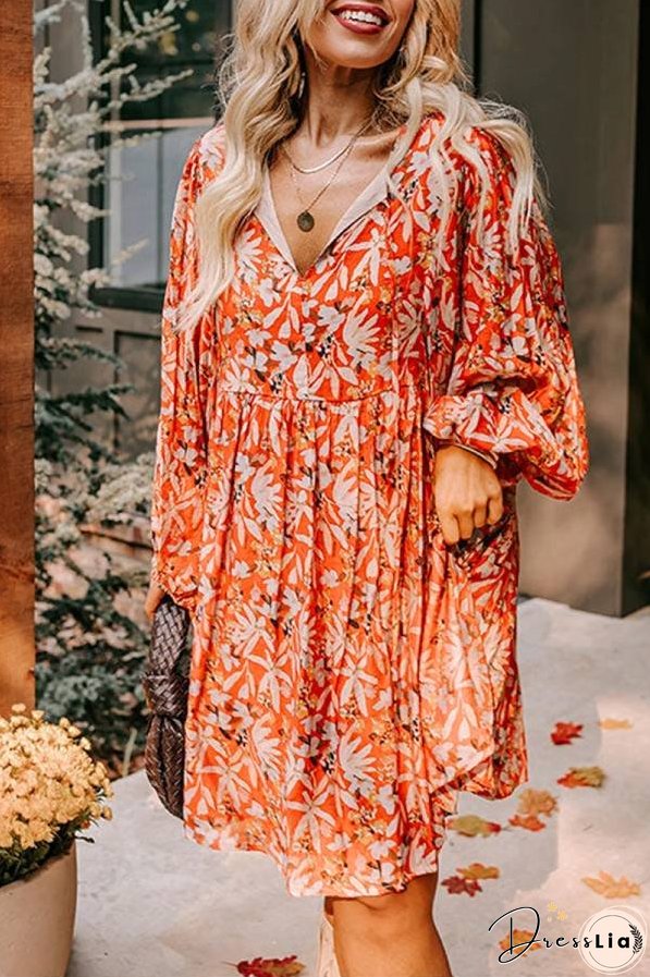 Orange Floral Print Split V Neck Bubble Sleeve Plus Size Midi Dress