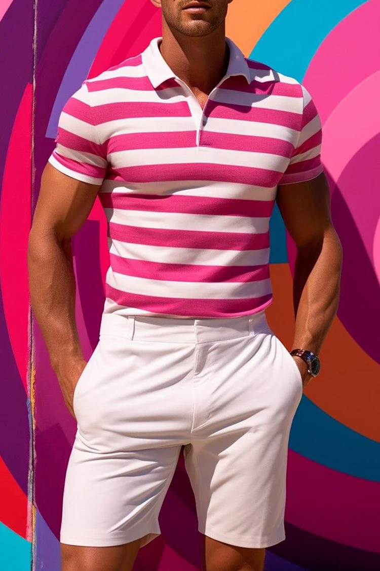 Pink And White Striped Slim Fit Casual Polo Shirt