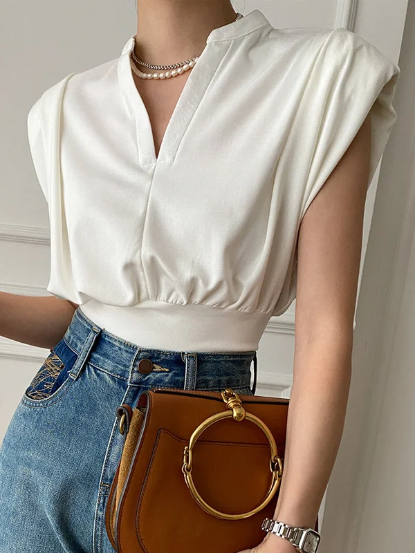 Pleated Shoulder Pad Solid Color Loose Sleeveless V-Neck T-Shirts Tops