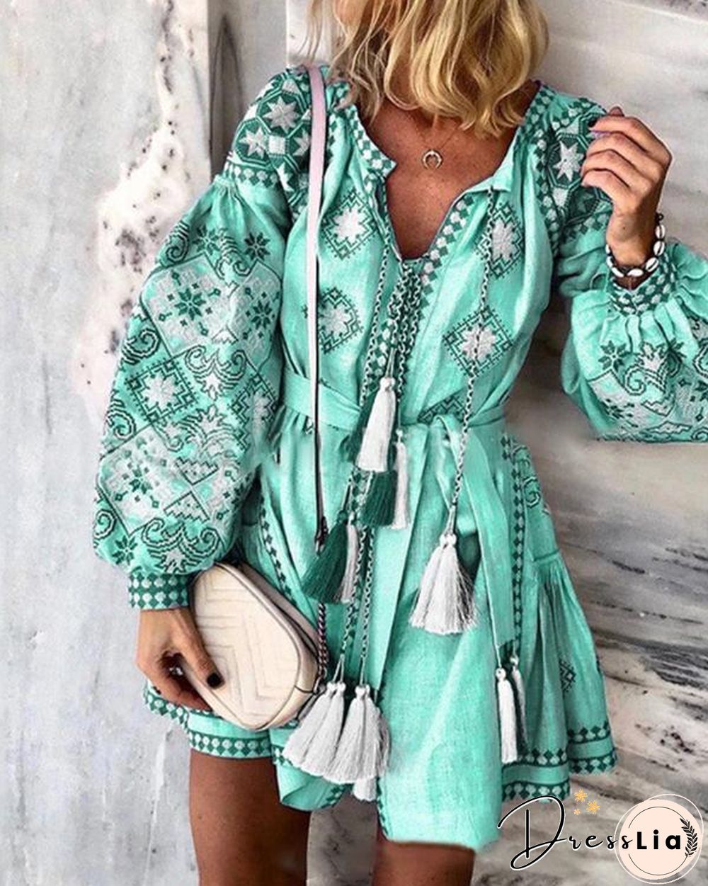 Plus Size Skater Floral V-Neckline Casual Tassel Plus Dress