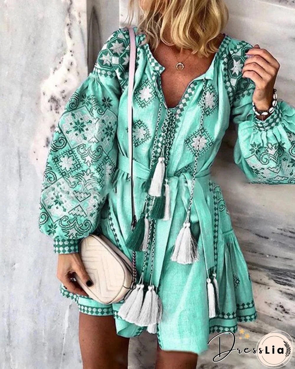 Plus Size Skater Floral V-Neckline Casual Tassel Plus Dress