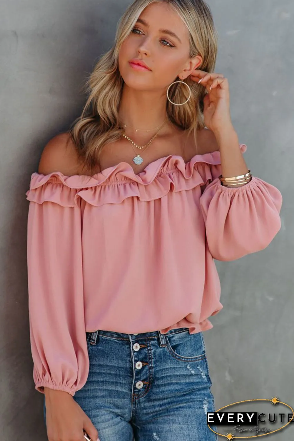Pink Puff Sleeve Ruffled Off Shoulder Blouse