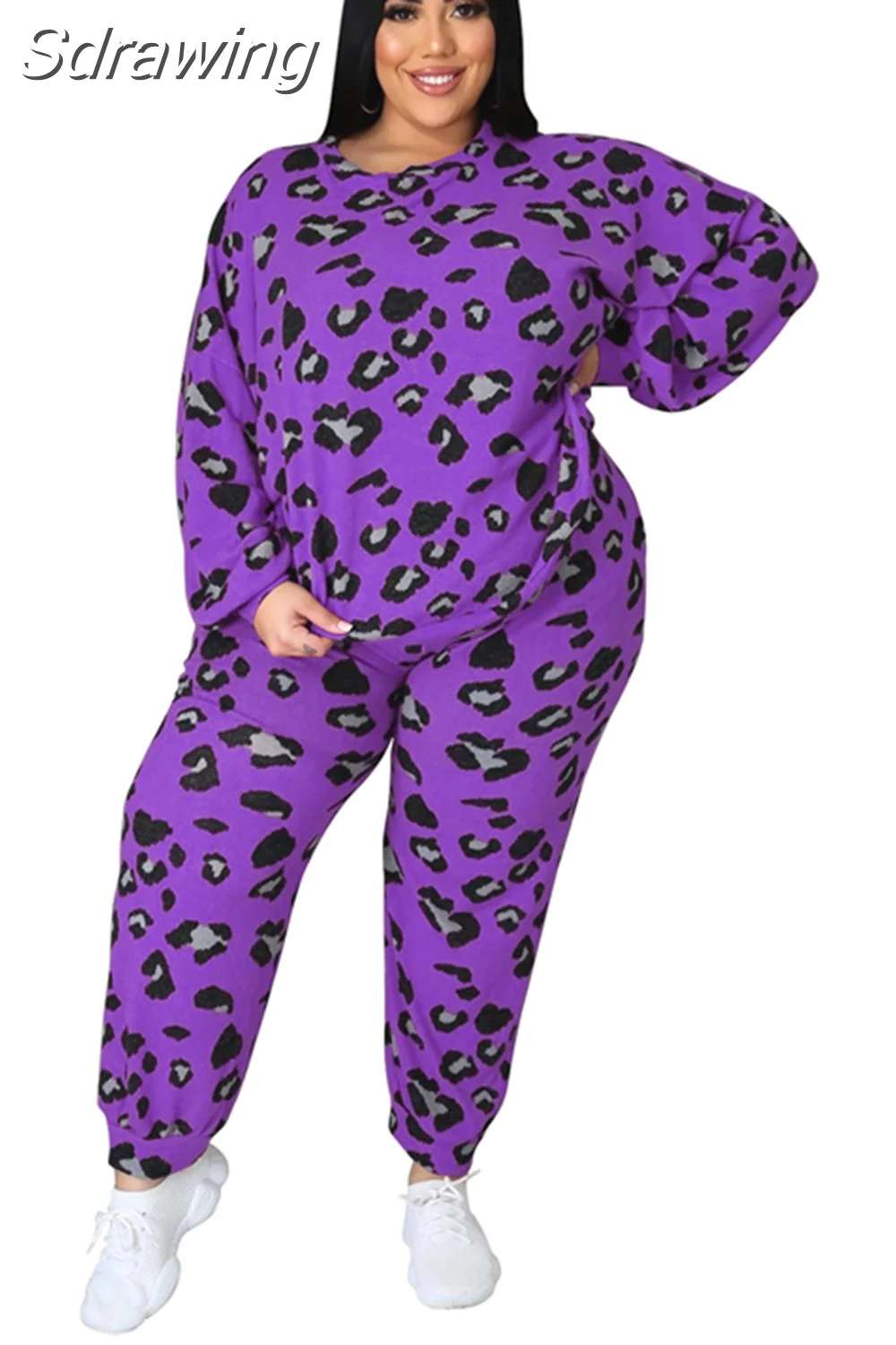 Sdrawing Size Women 5xl Sets Leopard Print Long Sleeve Tops And Pants 2023 Autumn Two Piece Sets Fashion Tracksuit Wholesale Clothes
