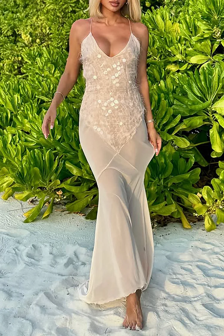 Plunge Neck Sequin Semi Sheer Patchwork Slip Maxi Dresses-Beige [Pre Order]