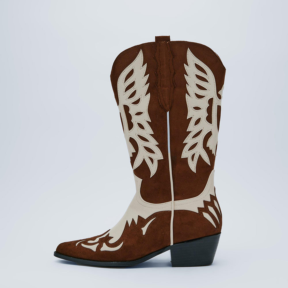 Brown & White Vegan Suede Chunky Heels Wide Calf Cowgirl Boots