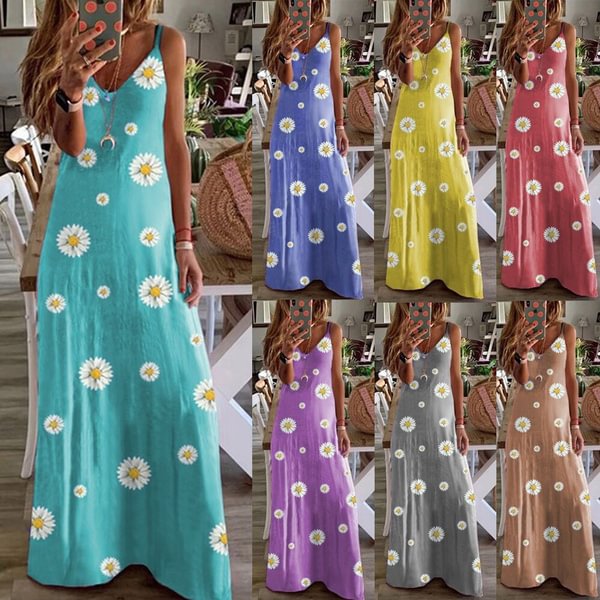 Bohemian Women Small Daisies Printed Sleeveless Dresses Summer Causal V Neck Spaghetti Strap Long Maxi Dresses Plus Size XS-5XL - BlackFridayBuys