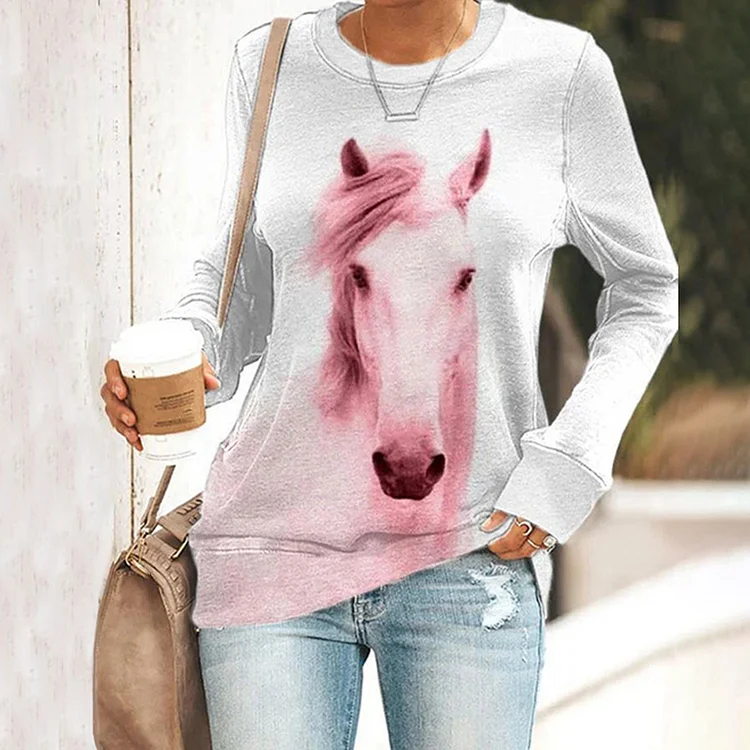 Western Pink Horse Print Crew Neck Sweatshirt
