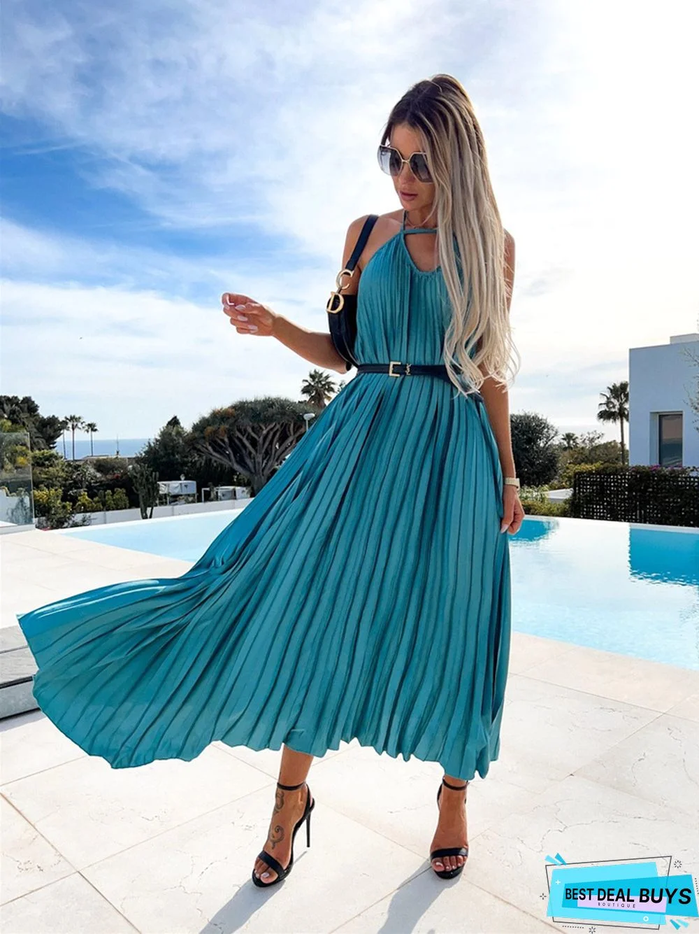 Pleated Suspender Sweet Waist Length Dress