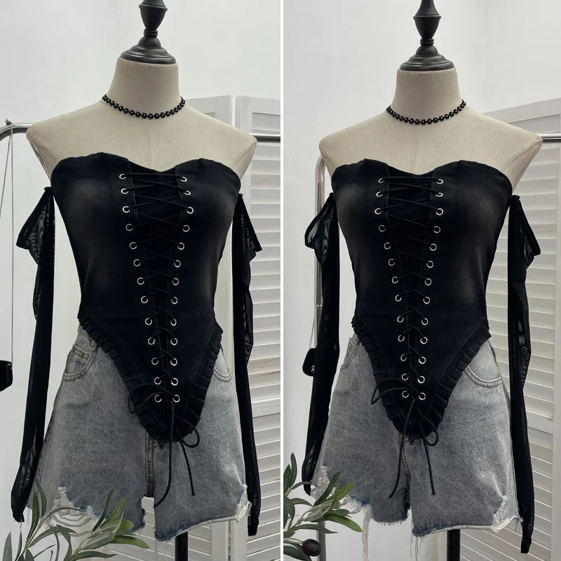 Nigikala Nigikala Sexy Tset Blouse Irregular Cowboy Splicing Mesh Yarn Tie With Short T-Shirt 6105