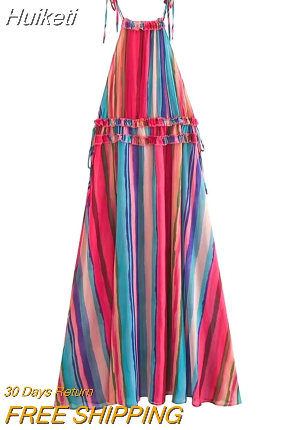 Huiketi Fashion Women Summer Long Dress Rainbow O-Neck Appliques Decorate Sleeveless Pullover Female Bohemian A-Line Dresses