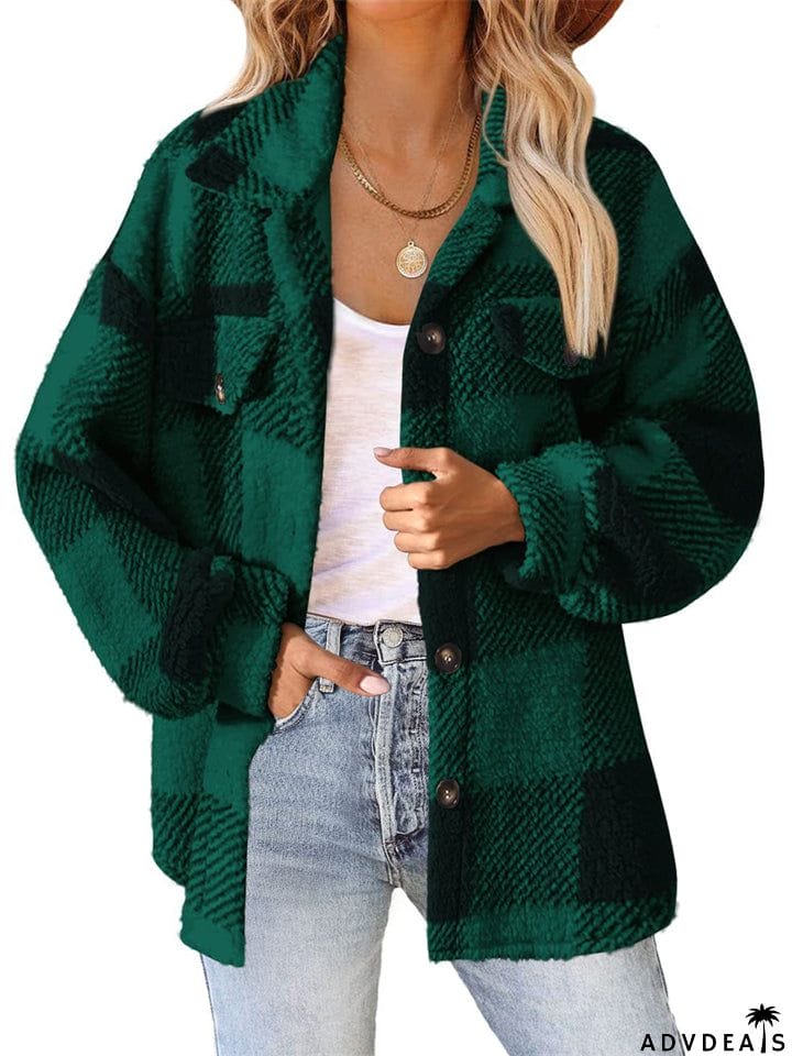 Female Casual Thermal Lapel Button Plaid Cashmere Coat