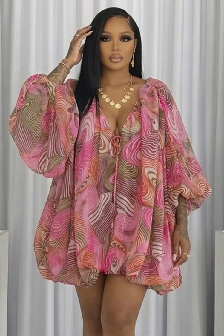 V Neck Puff Sleeve Loose Fit Casual Mini Dresses-Multicolor