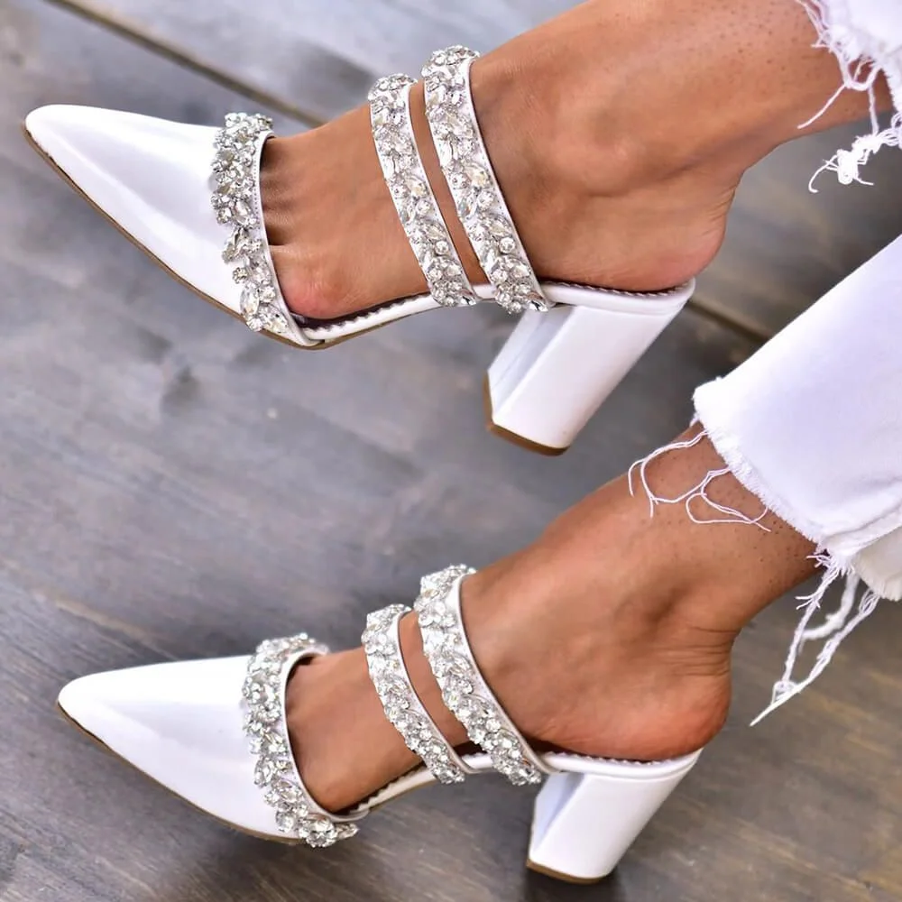 White Pointed  Pumps Leather Rhinestone Pumps Chunky Heel Pumps Nicepairs