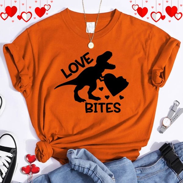 Cool Summer T-Shirt Valentine'S Day Love Dinosaur Bites Print Short Sleeve Women Fashion Casual Outdoor Shirts Tops - BlackFridayBuys