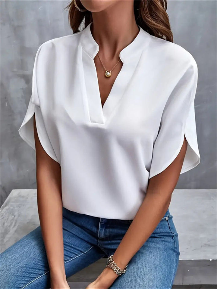  thdmladies Female Simple Elegant V Neck Split Short Sleeve Shirt thedmladies