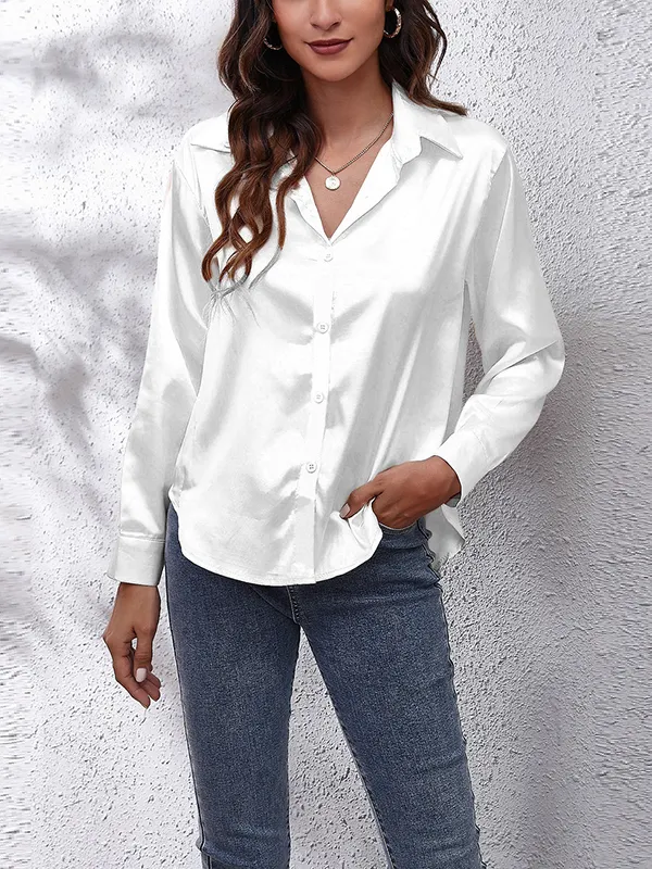 Solid Color Loose Long Sleeves Lapel Blouses WHITE-L from Zeagoo