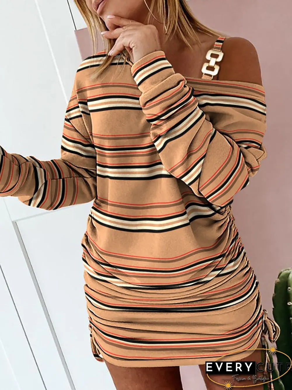 Fashion Pattern Print Drawstring Mini Dress Women Sexy Diagonal Collar Chain Pleated Party