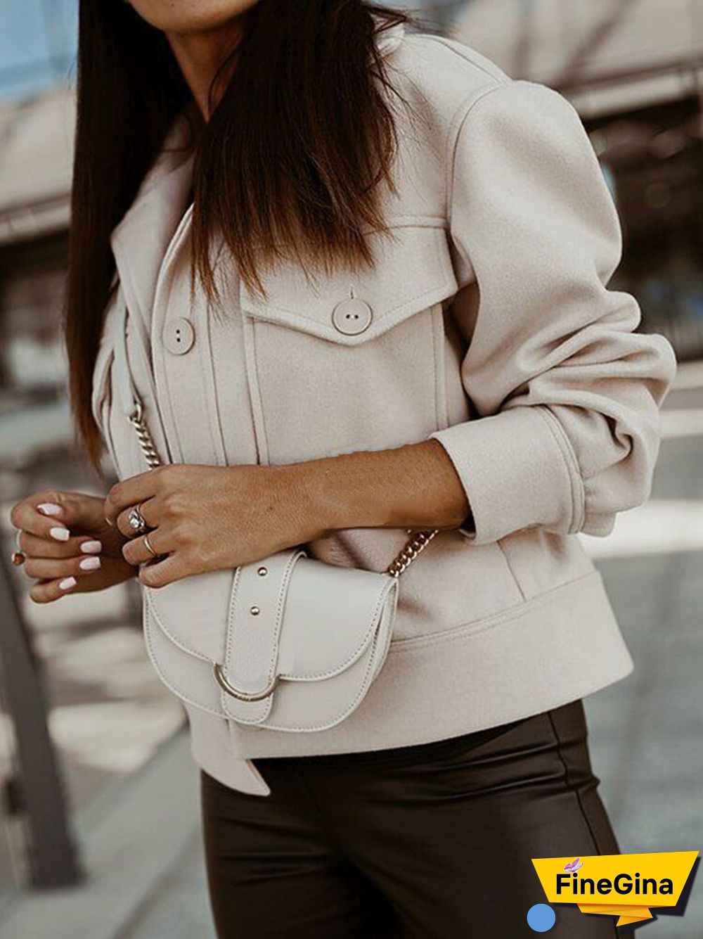 Solid Color Lapel Collar Long Sleeve Pocket Button Woolen Jacket
