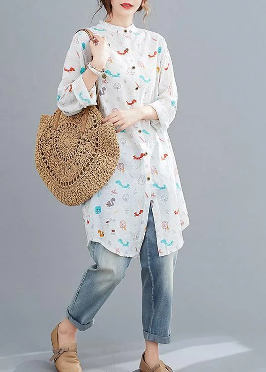 DIY Stand Collar Spring Top Silhouette Fashion Ideas White Animal Design Blouses