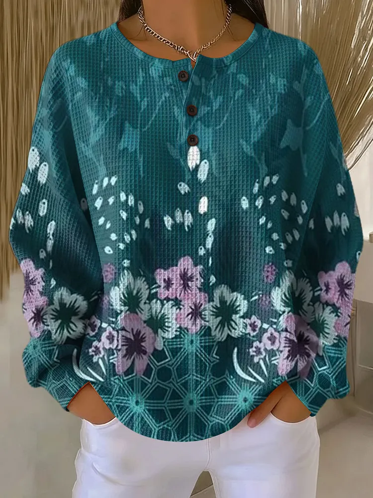 Women's Flowers Color Smudge Pattern Art Print Casual Cotton Shirt
