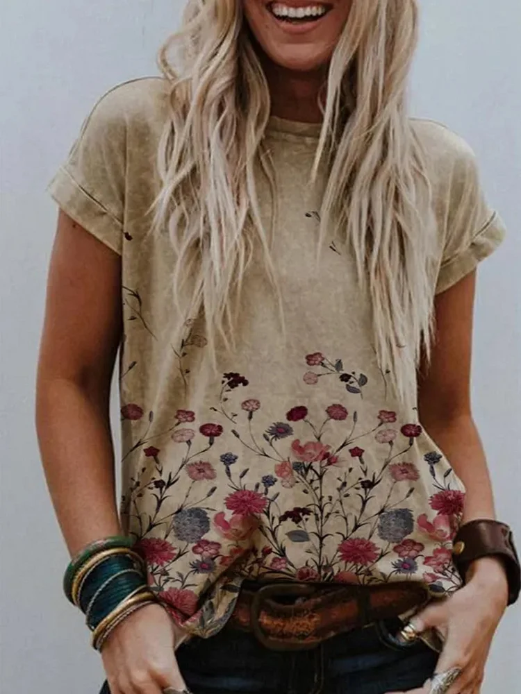 Vintage floral round neck cotton T-shirt top