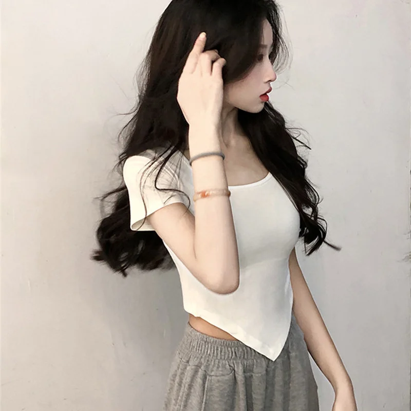 Brownm Brownm Girl Square Collar Short Sleeve Women's Summer 2024 New Thin Slim Casual Top Irregular Trendy Ins Girls T-Shirt